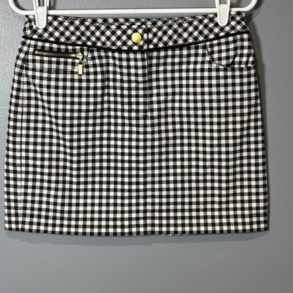Jones New York Mini Skirt Womens 4 Black White Gingham Cotton Blend Stretch Chic